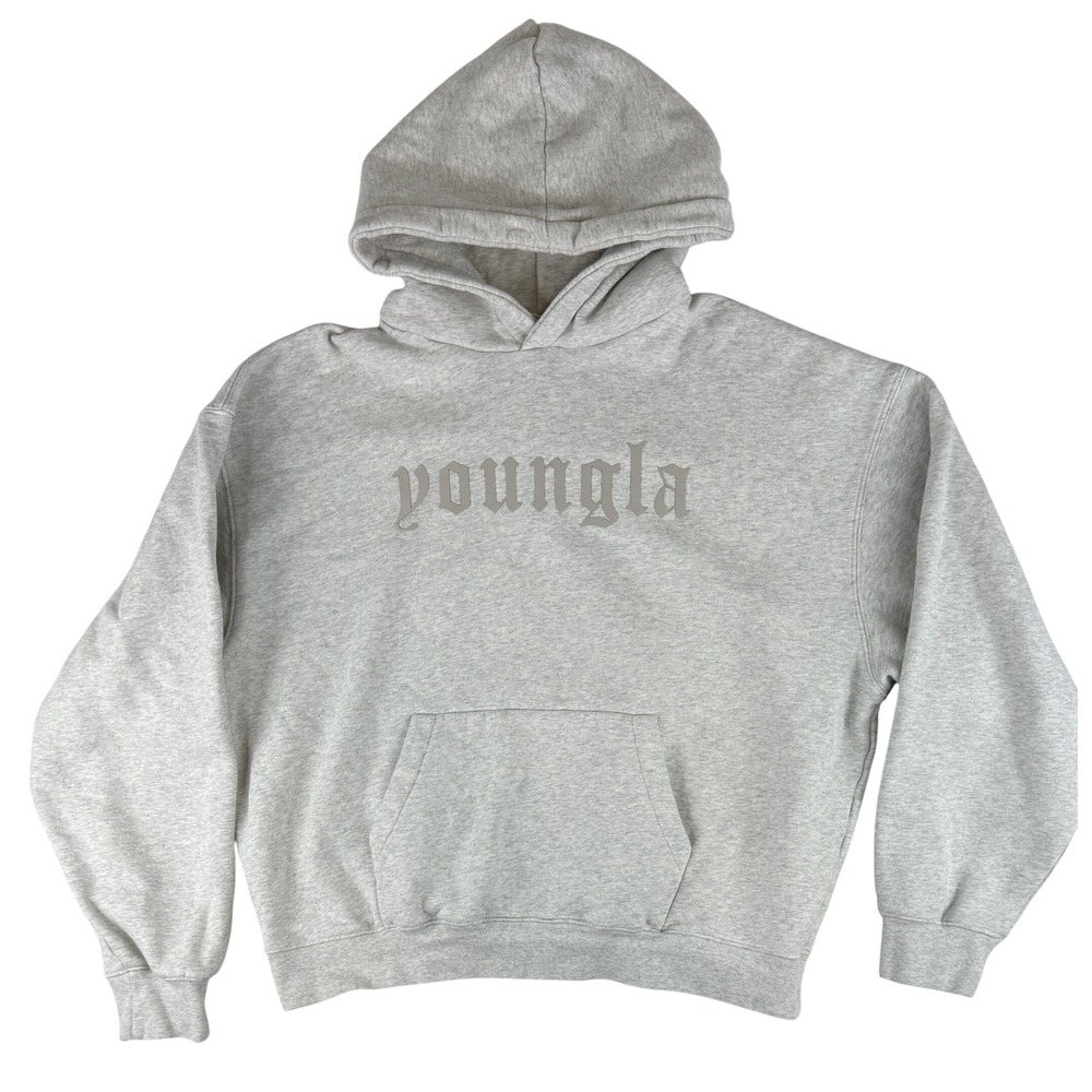YoungLA Cloud 9 Hoodie Mens L Grey 566 YLA2628 Gothic Logo Fleece Sweatshirt